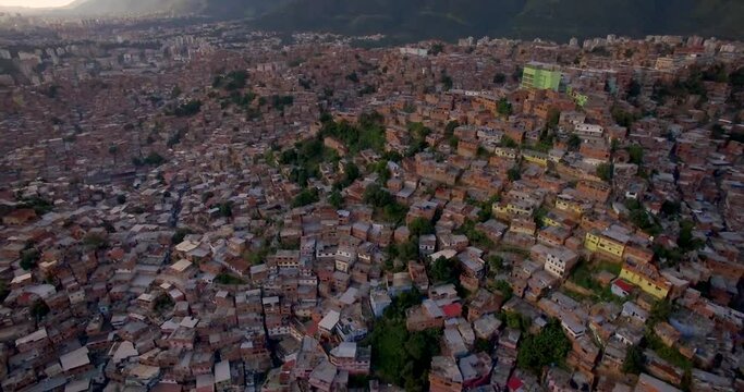 Birds eye drone view of Petare slum, in Caracas, Venezuela