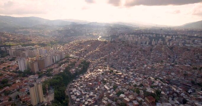 Drone of a sunset in Petare slum, in Caracas, Venezuela