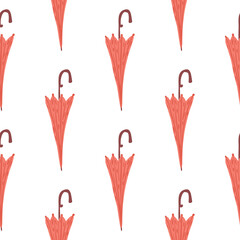 Pink umbrella season seamless doodle pattern. Isolated print. Rainy autumn accessory,