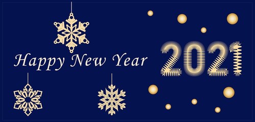 Yellow numbers 2021 are decorated with balls and snowflakes.