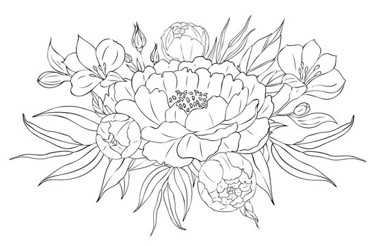 Peony flowers and leaves, tattoo compositions. Black linear illustration isolated on a white background.