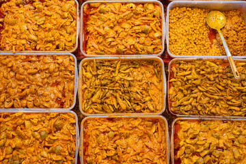 Top flat lay shot of Indian and Pakistani Random pickles