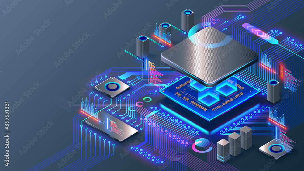 Poster CPU. Abstract digital chip computer processor and electronic components on motherboard or circuit board. Technology develop electronic devices on microchip or microprocessor, hardware engineering. AI.