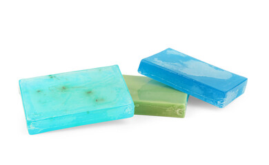Different soaps in different soap dishes. A lot of solid soap for hygiene and cleanliness. Colorful soap and remnants are scattered