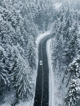 White car drives empty road in forest in the cold  winter. Tourists on road trip cruising through the idyllic snow covered countryside and woods.