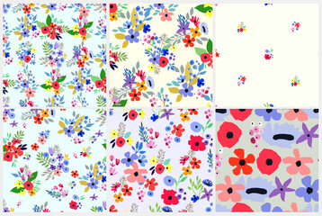 Obraz premium Seamless pattern set. Vector floral design with wildflowers. Romantic background collection