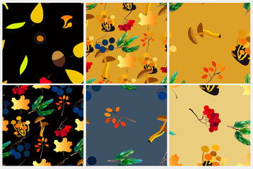 Fototapeta na wymiar Autumn vector seamless pattern set with berries, acorns, pine cone, mushrooms, branches and leaves.