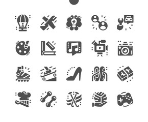 Interests of people. Intellectual hobbies. Sport, drawing, reading, dancing and shopping. Communication. Vector Solid Icons. Simple Pictogram