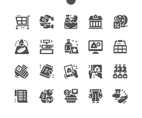 Supermarket. Sale, shopping, basket. Product with a price tag. Buying food in grocery store. Product ordering application on phone. Vector Solid Icons. Simple Pictogram