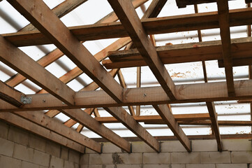 Ceiling construction concept. Photo of the floor in an unfinished house.