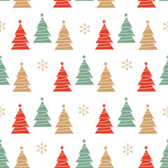 Seamless pattern with Christmas trees and snowflakes on white background vector illustration.