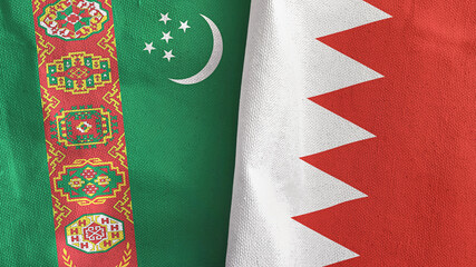 Bahrain and Turkmenistan two flags textile cloth 3D rendering