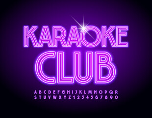 Vector entertainment banner Karaoke Club. Modern glowing Font. Violet neon Alphabet Letters and Numbers set