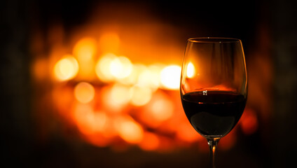 A glass of red wine on the background of the fireplace lights