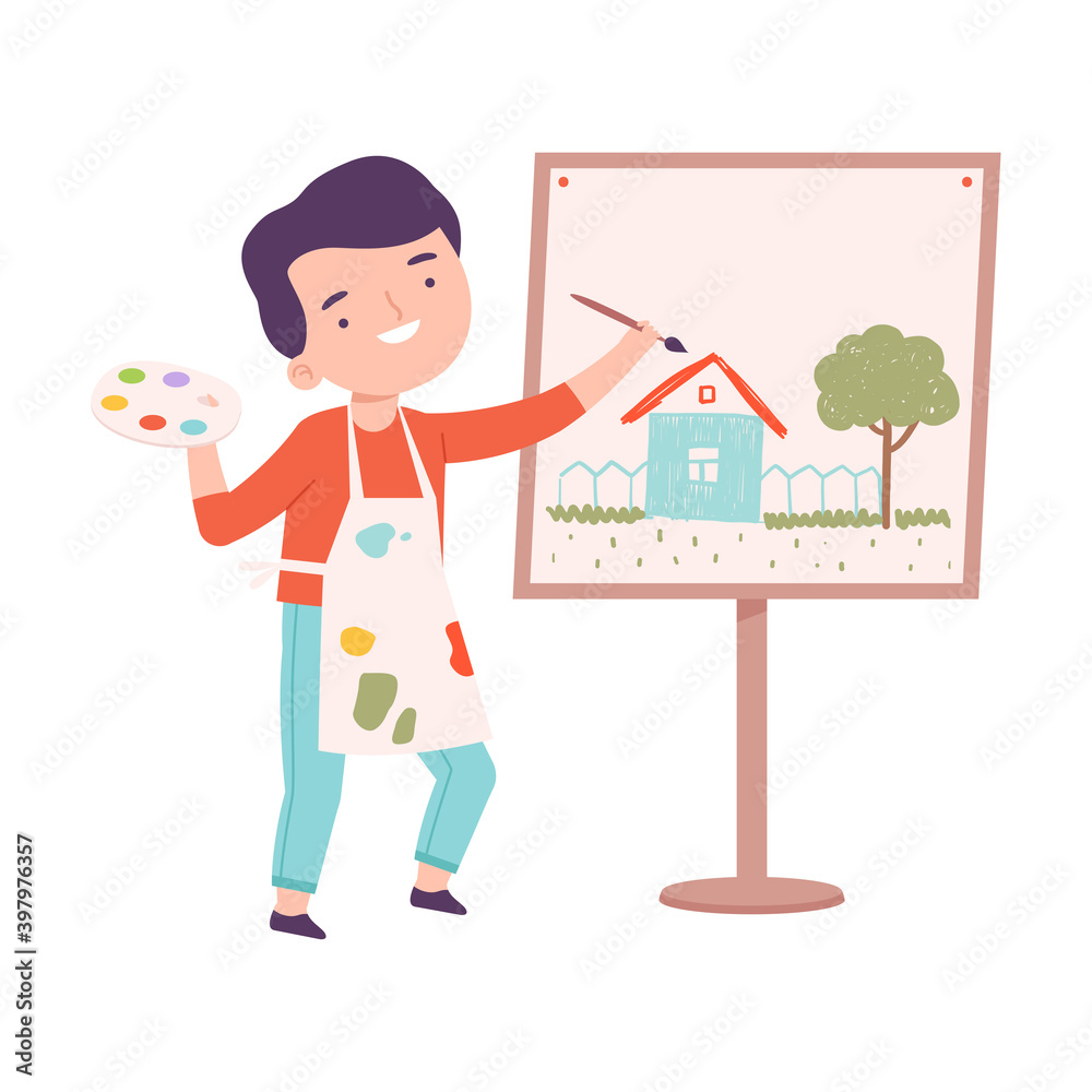 Sticker Happy Boy Painting on Canvas, Little Artist Character Drawing House on Easel with Paints Cartoon Style Vector Illustration