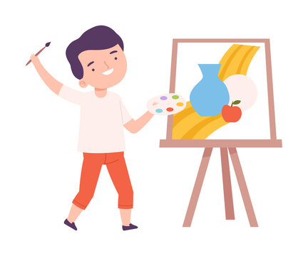 Cute Boy Painting Still Life on Canvas, Little Artist Character Drawing on Easel with Paints Cartoon Style Vector Illustration