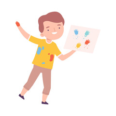 Boy Painting with Hands, Little Artist Character Cartoon Style Vector Illustration