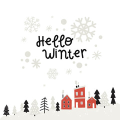vector hello winter forest christmas trees houses postcard template background