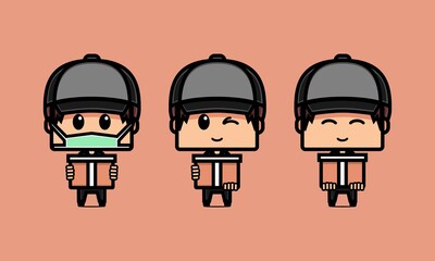 Set of cute delivery service character. Cute courier man bring the box for delivery. Illustration vector