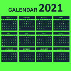 Calendar 2021 in English language, week starts on Sunday. Vector calendar 2021 year.