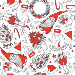 Fototapeta na wymiar Vector seamless Christmas pattern with hand drawn elements. 