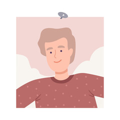 Shot of Cheerful Young Man Taking Selfie Using Smartphone Cartoon Vector Illustration