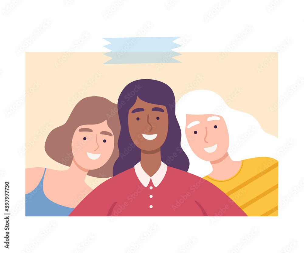 Sticker Girls Making Selfie Using Smartphone, Female Friends Spending Time Together and Photographing Cartoon Vector Illustration