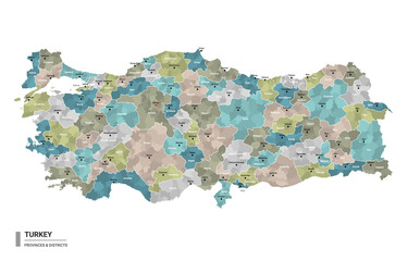 Turkey higt detailed map with subdivisions. Administrative map of Turkey with districts and cities name, colored by states and administrative districts. Vector illustration.