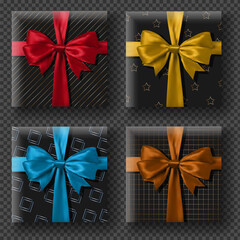 Set Black gift box with yellow, blue, brown and red bow vector illustration