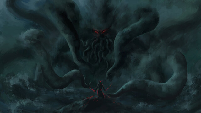 warrior standing looking  Cthulhu,Cosmic monster, sea monster,strom bad weather ,digital art, Illustration painting.	