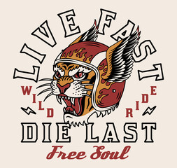 Tiger with Helmet Illustration with A Slogan Artwork on White Background for Apparel or Other Uses