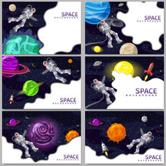 Fototapeta na wymiar Set Space card backgrounds with spaceman, rocket, UFO, sun, stars. Austronaut panoramic space templates