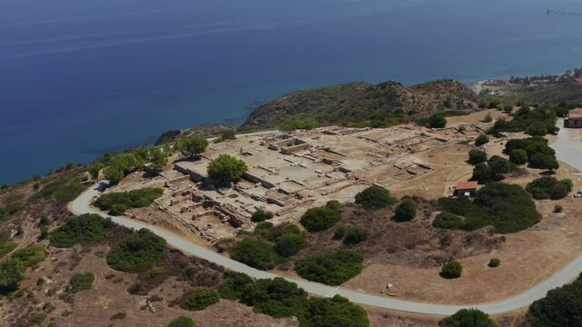 Aerial shot of ancient city ruins on top of the mountain. North Cyprus.LEFKE. 4K. Palace of Vouni.