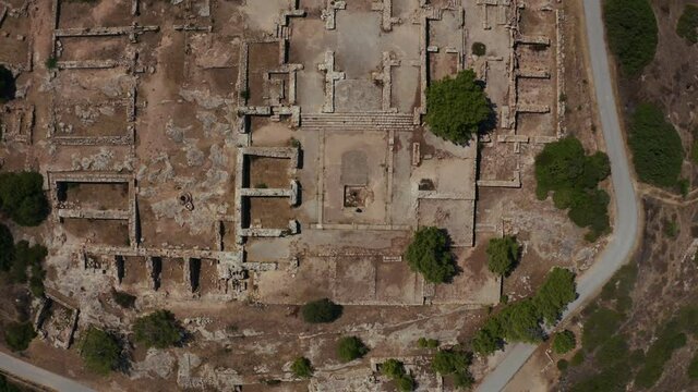 Aerial view of the Vouni Palace ruins from the top. North Cyprus. 4K.