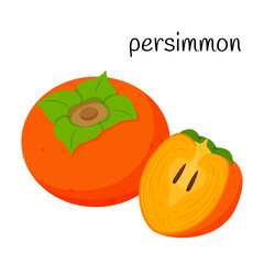 A whole persimmon fruit and a cut half with seeds and pulp. Exotic fruit icon. Flat design. Color vector illustration isolated on a white background