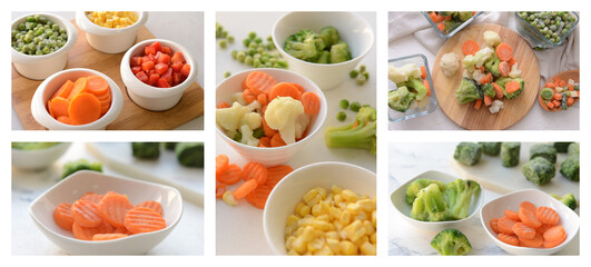Collage of different frozen vegetables on table