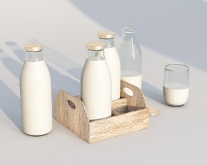 Retro milk in glass bottle 3d rendering