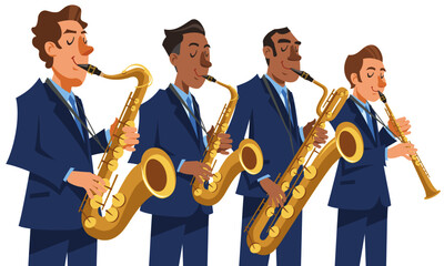Jazz saxophone players performing on isolated white background. Playing with baritone, tenor, alto, soprano saxophone. Vector illustration in flat cartoon style.