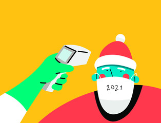 Santa Claus who measures the temperature. Pandemic 2021. Coronavirus pandemic.