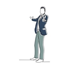 Continuous line drawing of standing business man show presentation gesture. Vector illustration