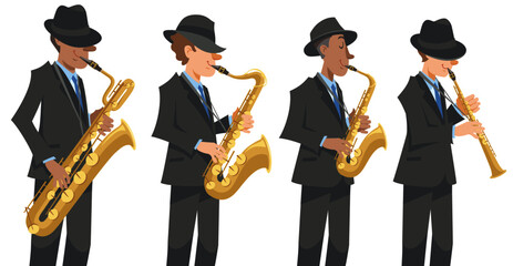 Jazz saxophone players in black suits and hats performing on isolated white background. Performing with baritone, tenor, alto, soprano saxophone. Vector illustration in flat cartoon style. - obrazy, fototapety, plakaty