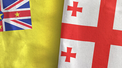 Georgia and Niue two flags textile cloth 3D rendering
