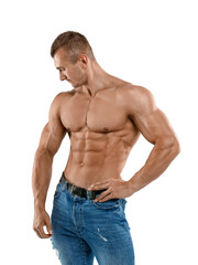 Fototapeta premium Athletic handsome guy with muscular naked torso in blue jeans isolated on white background