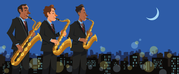 Jazz saxophone players performing on moonlit landscape. Playing with baritone, tenor, alto saxophone. Vector illustration in flat cartoon style.