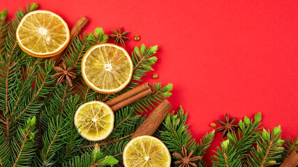 Fototapeta na wymiar Holiday banner with Christmas tree branches, dried oranges and spices