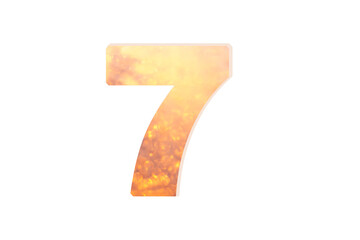 Festive Number: Numeral 7 with golden bokeh isolated on white background. Inscription For New year holiday or sale design/