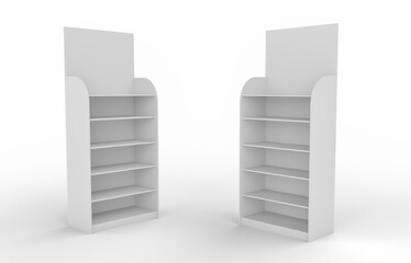Empty Product Stands For Supermarket., Empty Displays With Shelves Products On White Background Isolated. Retail shelf.,display mockup retail shelves stand pos posm
