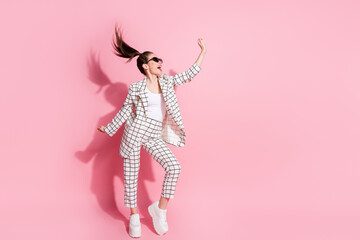 Full body photo of young happy positive smile girl have fun enjoy crazy isolated over pastel color background