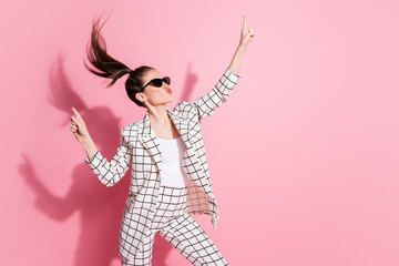 Photo of young attractive woman happy positive smile have fun enjoy carefree wear blazer isolated over pastel color background
