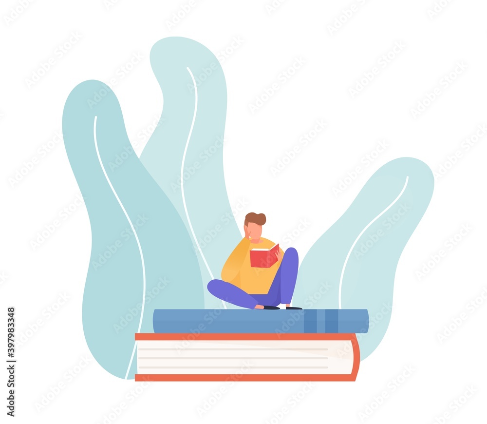 Poster scene of young reading man sitting on pile of books. concept of education, studying and exam prepara